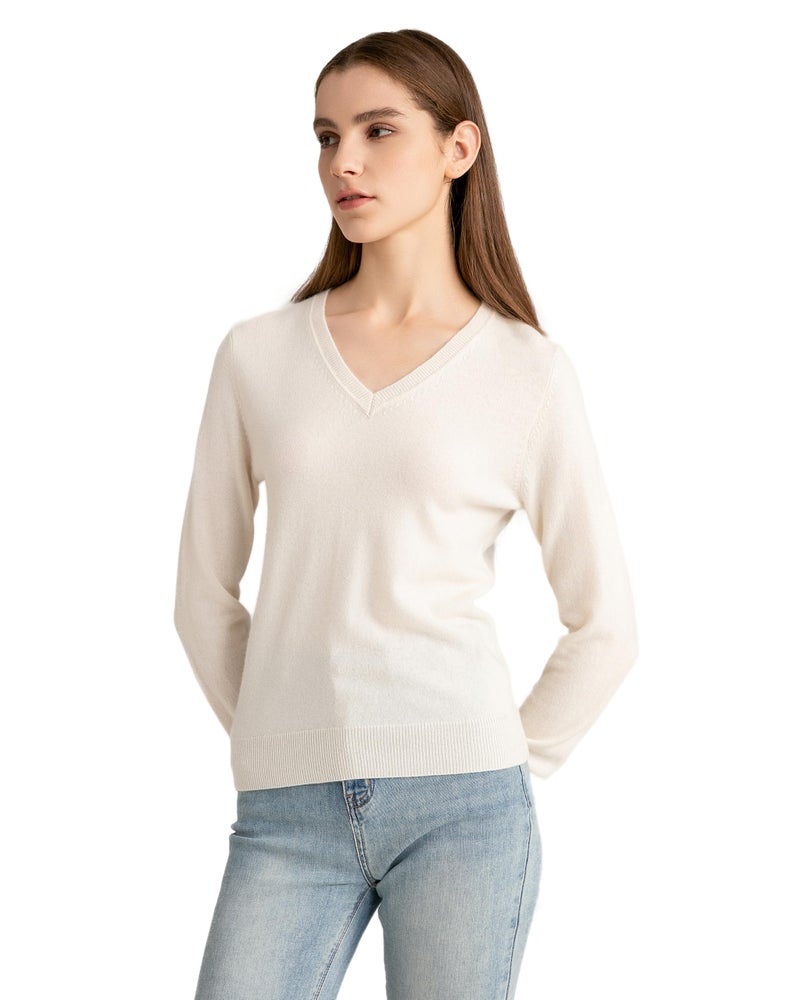 State Cashmere Womenâ€™s Essential V-Neck Sweater 100% Pure Cashmere Classic Long Sleeve Pullover (Undyed White, XX-Large) - Image 1
